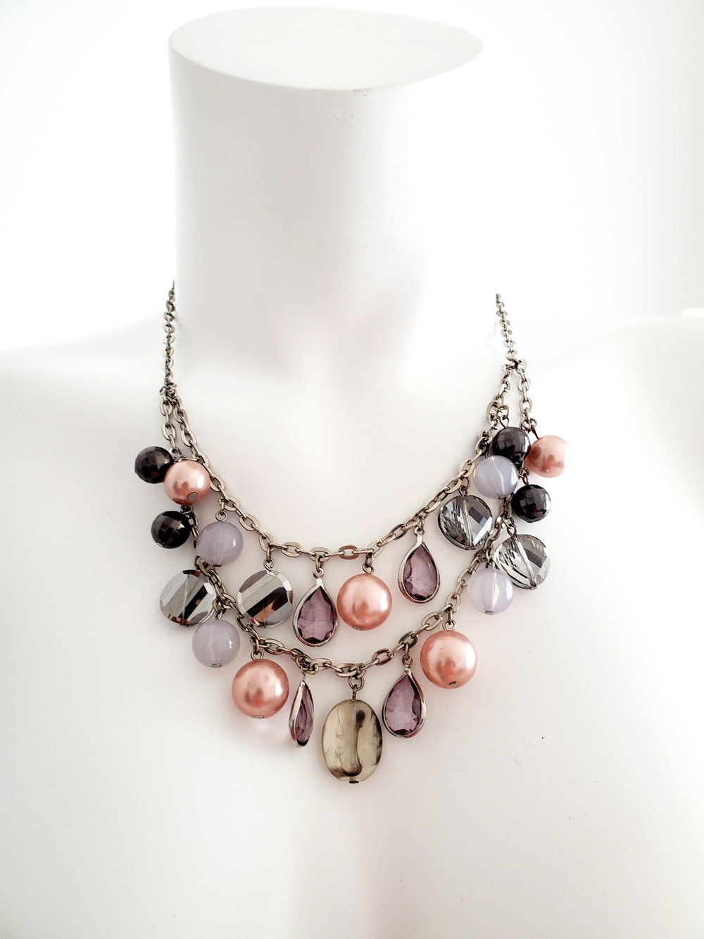 Multi-Strand Pink and Lavender Gemstone Statement Necklace